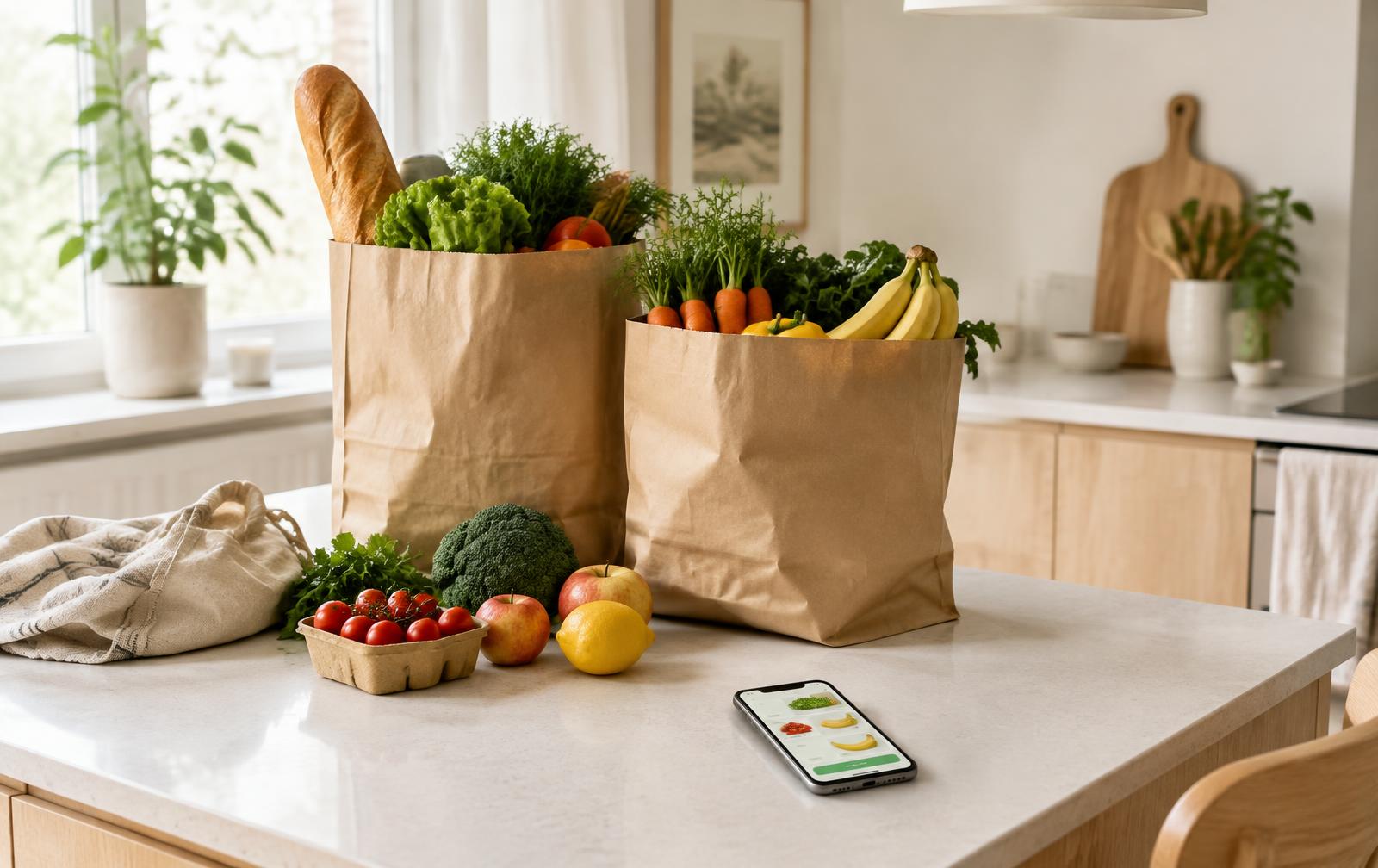 Illustration of two brown paper grocery bags filled with bread, leafy greens, carrots and bananas on a kitchen island, with loose broccoli, apples, a lemon and cherry tomatoes beside them, a fabric tote bag, and a smartphone showing a generic online grocery shopping app with produce pictures and a green button.